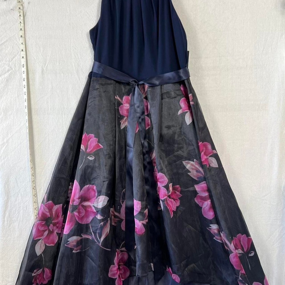 SLNY Navy and Pink Floral Gown Dress Mesh Overlay Flowy Date Prom Graduation